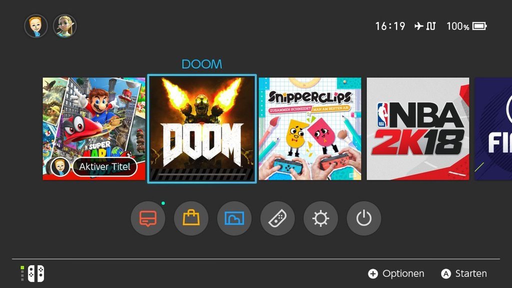 Switch menu featuring Mario, Doom and NBA 2K18
